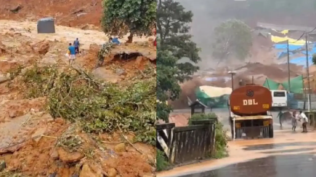 Wayanad Kalladi landslide disaster site with accumulated soil from tunnel road construction.