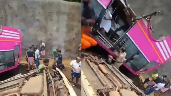മലപ്പുറത്ത് നടുറോഡിൽ കാറിന് മുകളിലേയ്ക്ക് ബസ് തലകീഴായി മറിഞ്ഞു:     അപകടത്തിൽ  ഒരു മരണം , മൂന്നു പേരുടെ നില ഗുരുതരം ; ബസ് രണ്ടായി പിളർന്നു