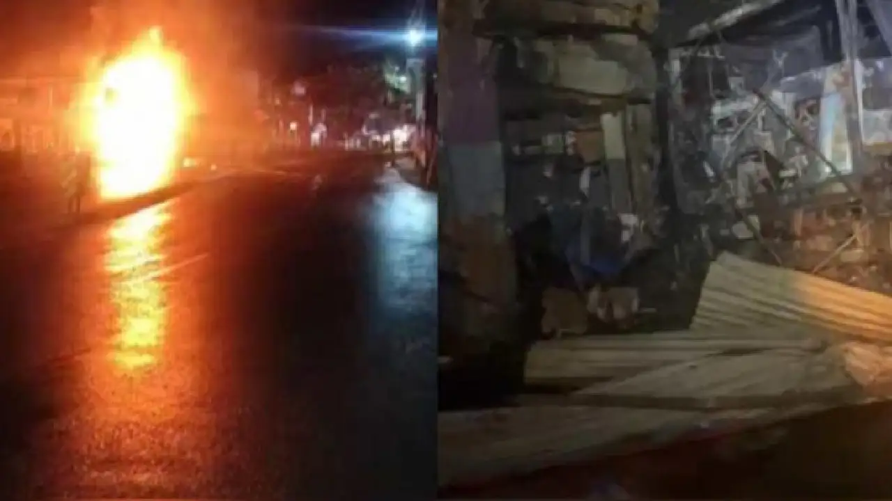 Truck crashes, catches fire