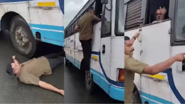 ജീവിക്കാൻ ഒരൊറ്റ വഴി മാത്രം; ഗതികെട്ട് കെ.എസ്.ആർ.ടി.സി ടയറിന് മുന്നിൽ കിടന്ന് സ്വകാര്യ ബസ് ഉടമ; ഉപ്പുതറയിലെ നാടകീയ പ്രതിഷേധം