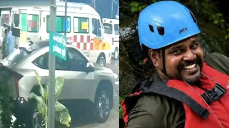 ചെറുപുഴയിൽ ഒഴുക്കിൽപ്പെട്ടയാളെ ലൈഫ് ജാക്കറ്റ് നൽകി രക്ഷിച്ച ശേഷം മരിച്ച രാജേഷിന്റെ മൃതദേഹം ആംബുലൻസിൽ കൊണ്ടുപോകുന്ന സംഭവം
